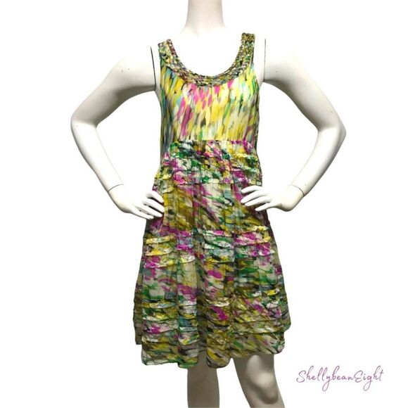 ANTHROPOLOGIE Leifsdottir Rainbow Confetti Silk Ruffle Dress 2 4 XS S RARE HTF! - Picture 9 of 16
